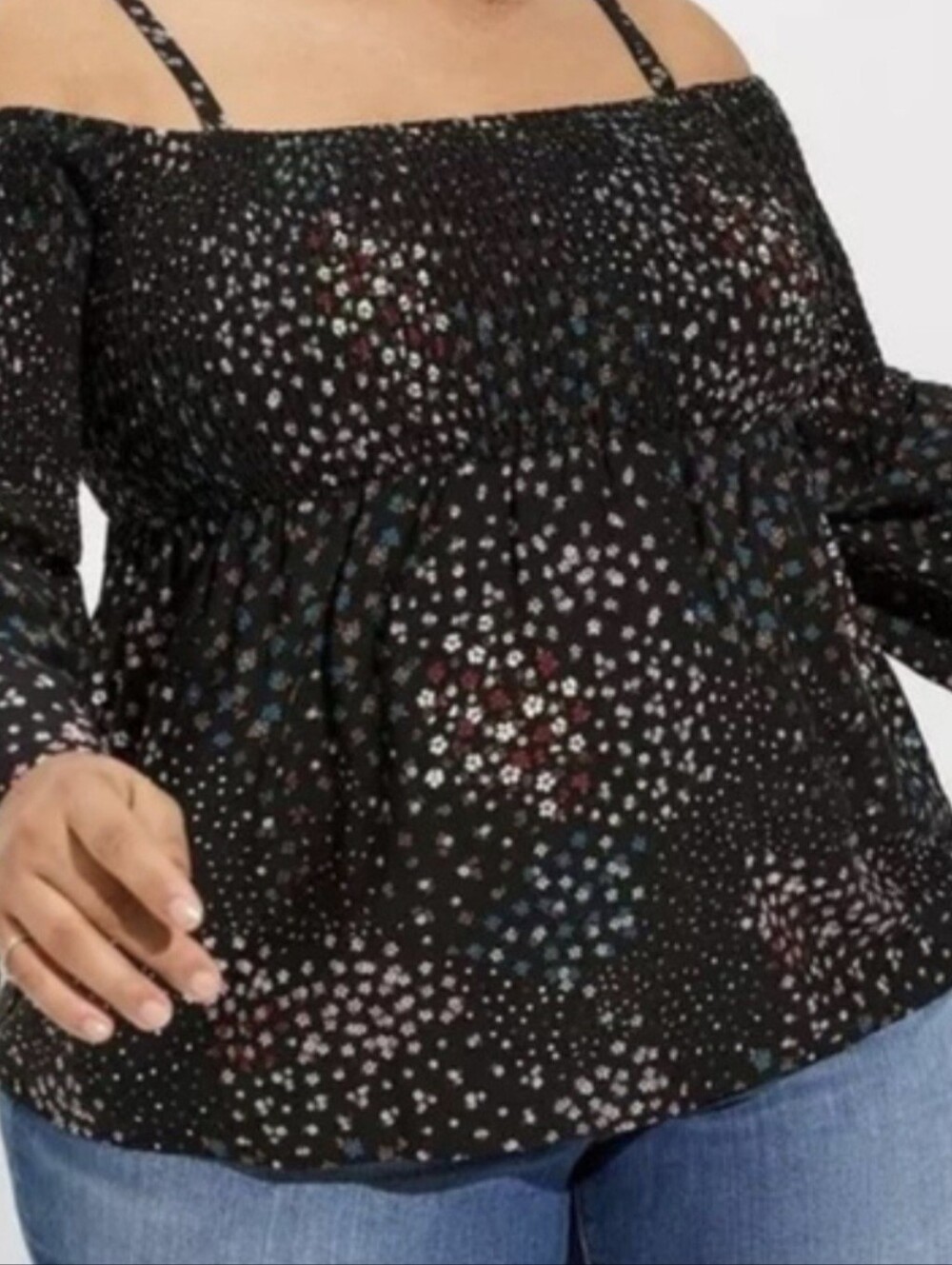 Torrid NWT Black Floral Challis Cold Shoulder Smocked Blouse Top Plus Size 4
